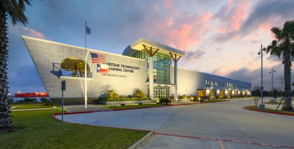 San Jacinto College's Maritime Campus at dusk