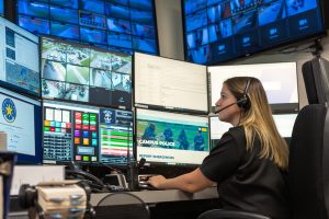 Emergency dispatcher at computer
